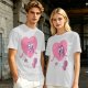 Oversized Olive T-Shirt with Retro Walking Pink Heart Cartoon Graphic