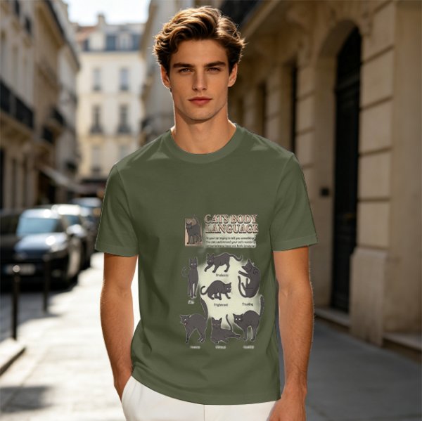Olive T-Shirt With Cat Body Language Illustrations