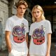 Halloween pumpkin ramen bowl with cute monster graphic t-shirt