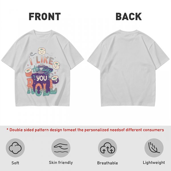 Olive T-Shirt With Cute Sushi Graphic and 'I Like The Way You Roll' Text