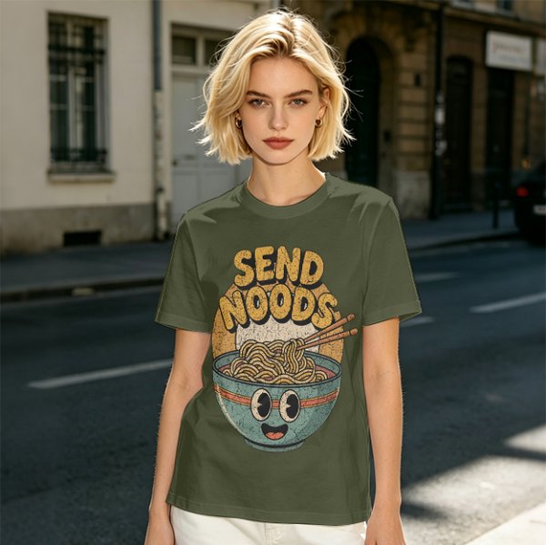 Olive Green T-Shirt With Retro Send Noods Ramen Bowl Graphic