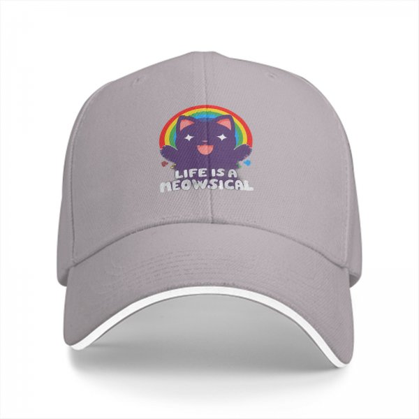 Black baseball cap with cheerful purple cat rainbow and Life is a Meowsical text