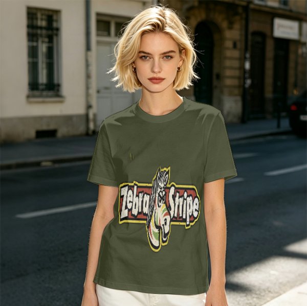 Olive green graphic t-shirt with zebra stripe design