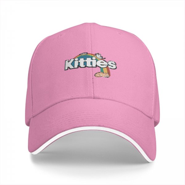 Black baseball cap with kitties and rainbow graphic