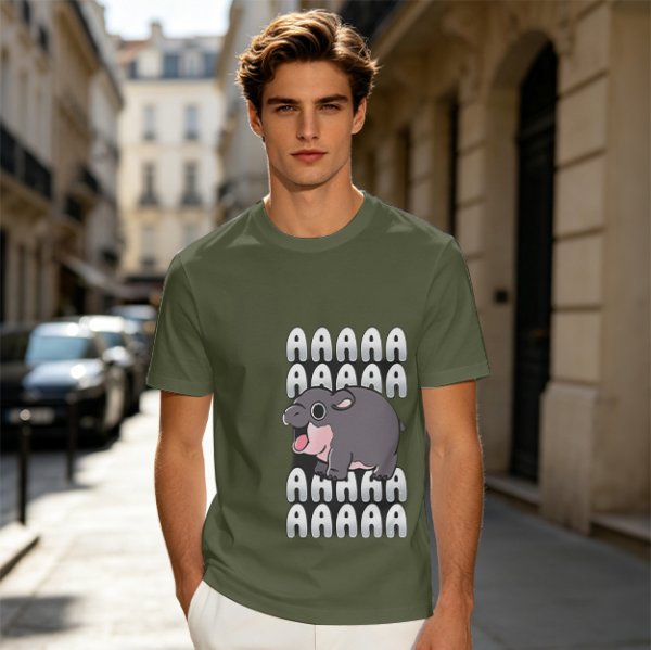 Olive t-shirt with screaming baby hippo and repeated A text