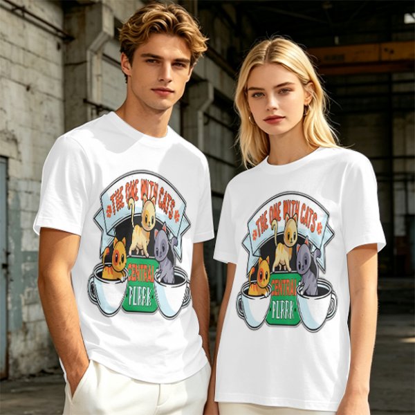 Olive green t-shirt with cat coffee cup graphic and playful text design