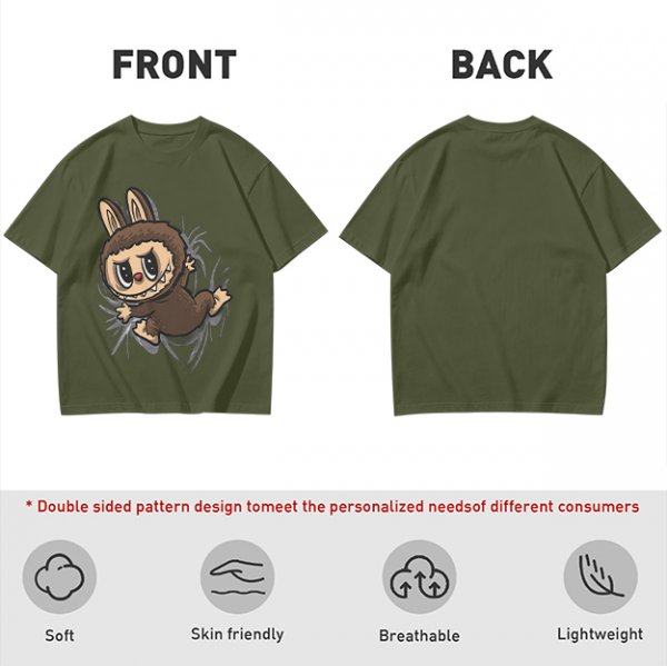 Olive Green T-Shirt With Playful Monster Bunny Graphic Print