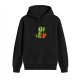 Black hoodie with cute green dinosaur holding coffee mug graphic