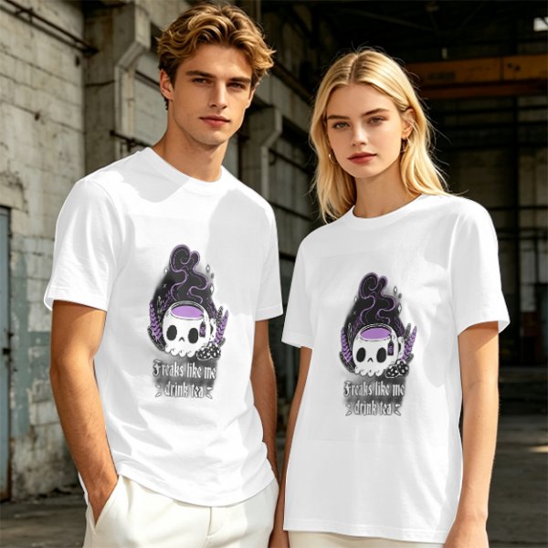 Olive graphic t-shirt with skull tea cup and 'Freaks like me drink tea' text