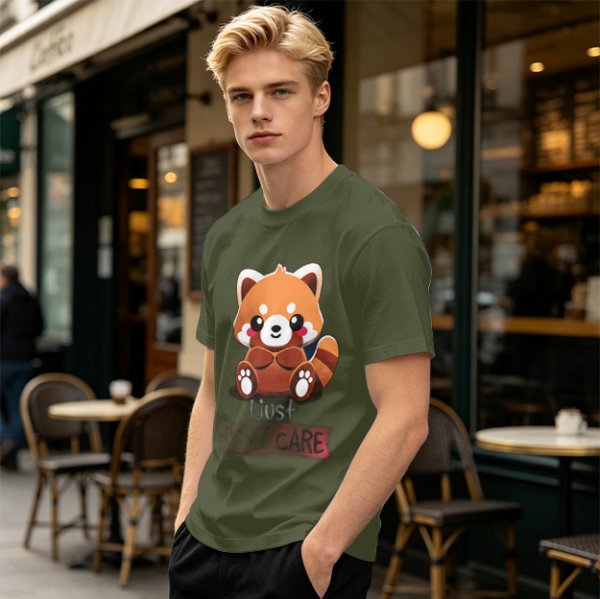 Olive T-Shirt with Cute Red Panda and I Just Don't Care Print