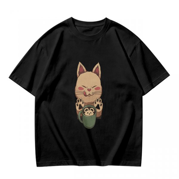 Olive green t-shirt with cute cat holding a mug print