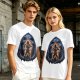 Olive T-Shirt with Muscular Hero Emerging from Hooded Figure Art