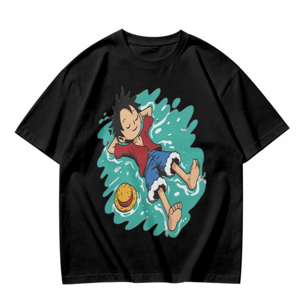 Olive anime t-shirt with Luffy relaxing in water print