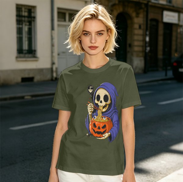 Grim Reaper Eating Ramen from Jack-o'-lantern Pumpkin Bowl T-Shirt