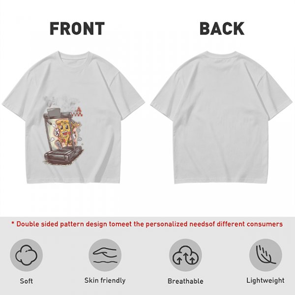 Olive T-shirt with cartoon pizza running on treadmill graphic
