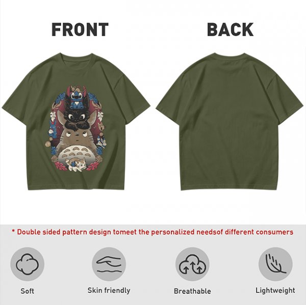 Olive T-Shirt with Stacked Anime Character Totem Print