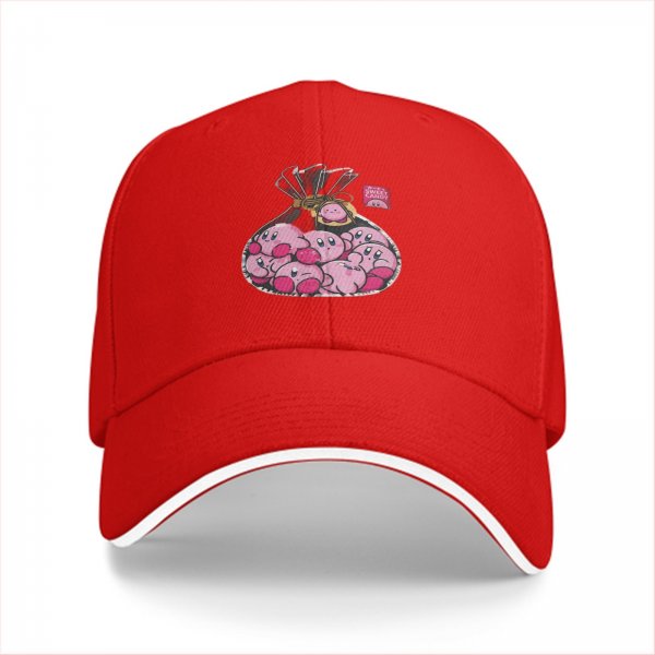Black baseball cap with a bag of cute pink Kirby characters print