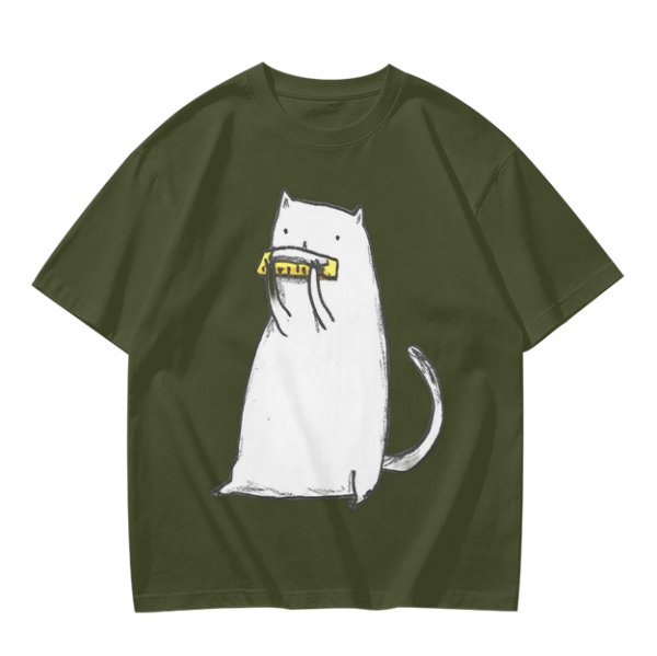 Olive T-Shirt With White Cat Playing Harmonica Graphic