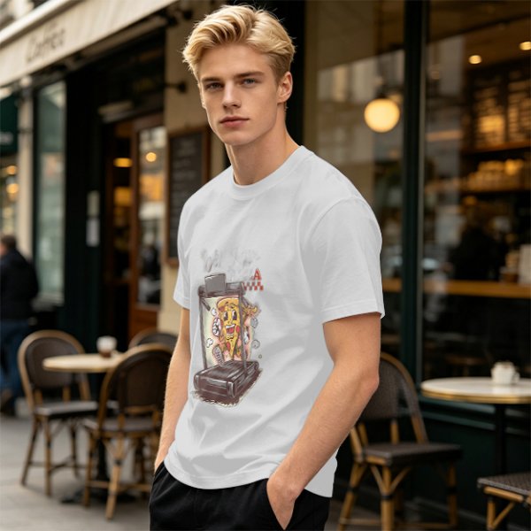 Olive T-shirt with cartoon pizza running on treadmill graphic