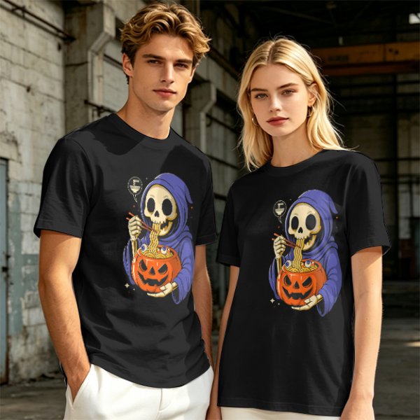 Grim Reaper Eating Ramen from Jack-o'-lantern Pumpkin Bowl T-Shirt