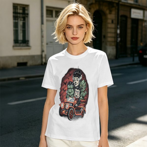 Halloween Monster Characters Driving Vintage Car Graphic T-Shirt