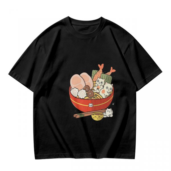 Olive T-Shirt With Cute Cat Ramen Bowl Graphic Print