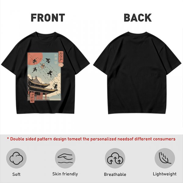 Olive T-Shirt with Ukiyo-e Style Ninja Temple Print