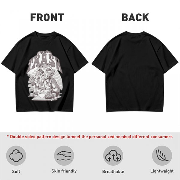 Olive graphic t-shirt with raccoon eating and 'Stop eating TRASH' print
