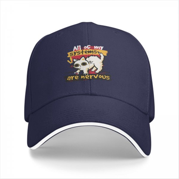 Black baseball cap with nervous cat 'all of my systems are nervous' print