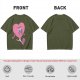 Oversized Olive T-Shirt with Retro Walking Pink Heart Cartoon Graphic