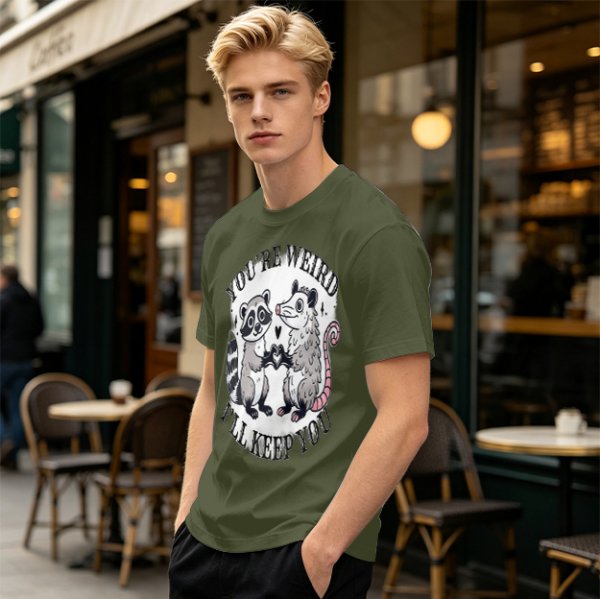 Olive T-Shirt With Raccoon and Opossum Weird Love Graphic