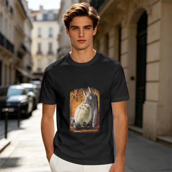 Olive green t-shirt with Totoro 'Spirits' graphic print