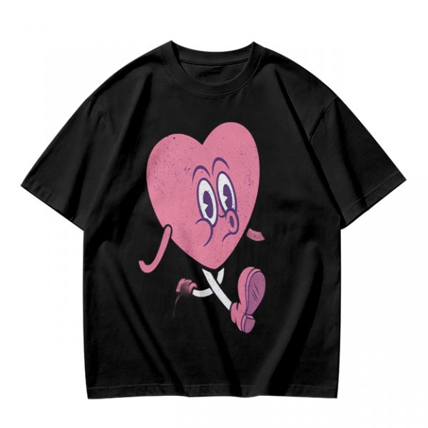 Oversized Olive T-Shirt with Retro Walking Pink Heart Cartoon Graphic