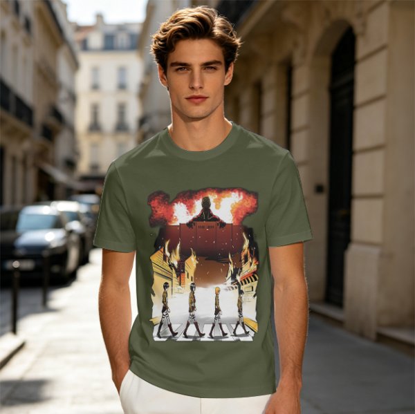 Olive T-Shirt With Anime Characters Crossing Burning Street Print