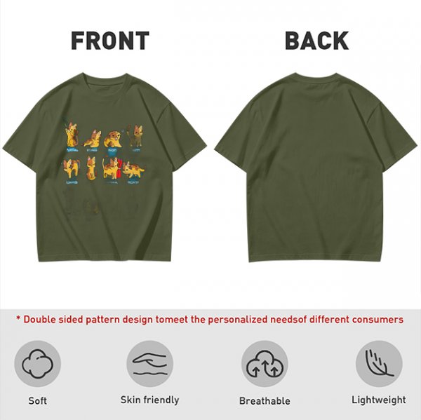 Olive Green T-Shirt With Cute Cartoon Cat Illustrations