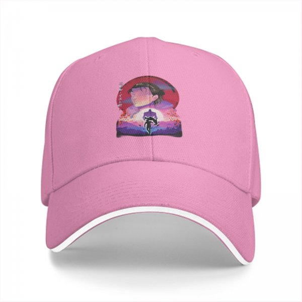 Black baseball cap with anime sunset graphic print