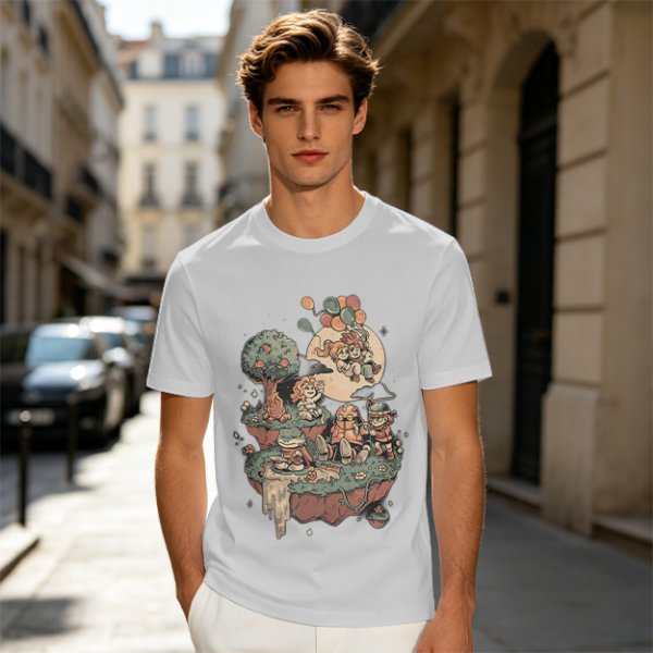 Olive T-Shirt With Whimsical Floating Island Children Art Print