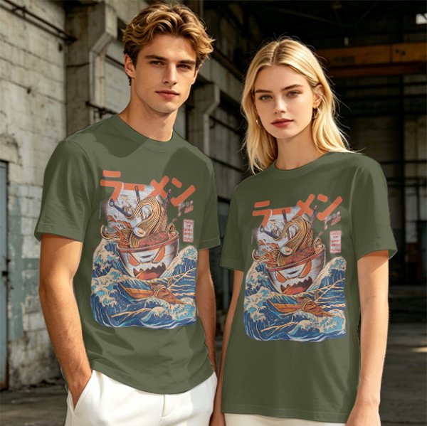 Olive T-Shirt With Great Wave Inspired Monster Ramen Bowl Art