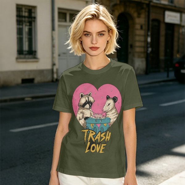 Olive Graphic T-Shirt with Raccoon and Opossum Trash Love Design