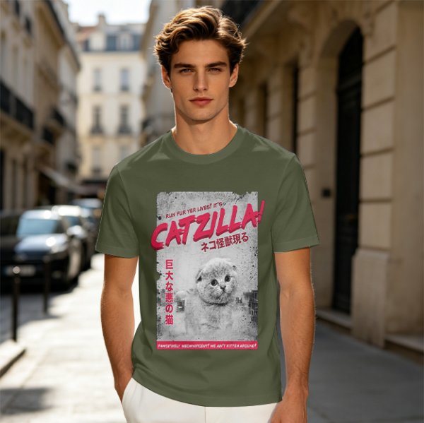 Olive green t-shirt with Catzilla giant cat monster graphic print