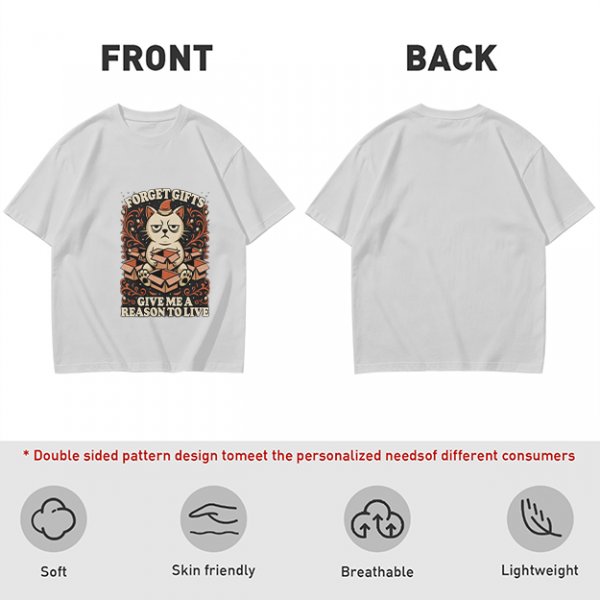 Olive t-shirt with grumpy cat holding boxes and text 'Forget Gifts Give Me A Reason To Live'