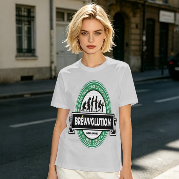 Olive t-shirt with 'Brewvolution' beer evolution graphic design