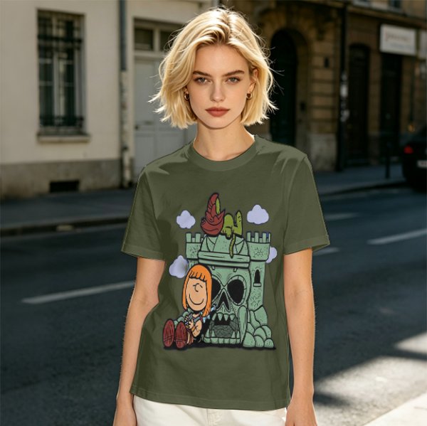 Olive T-shirt with Peanuts-style He-Man Castle Grayskull Graphic