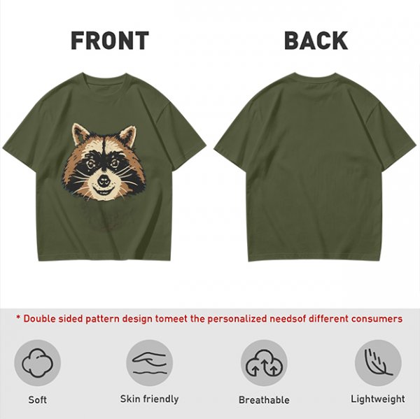 Olive Green T-Shirt With Smiling Raccoon Graphic Print
