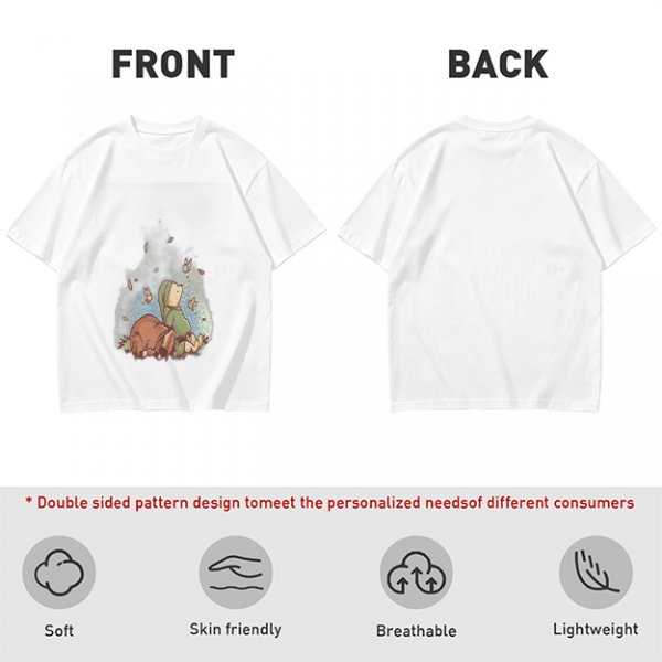 Olive green t-shirt with whimsical elf and dog artwork