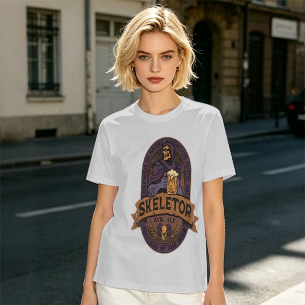 Olive green t-shirt with Skeletor Evil Ale beer graphic