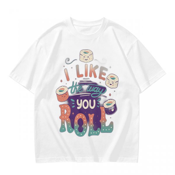 Olive T-Shirt With Cute Sushi Graphic and 'I Like The Way You Roll' Text