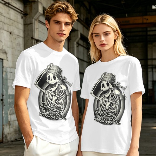 Olive t-shirt with skeleton graphic and 'Cheers! I'm Having Another Crisis' text