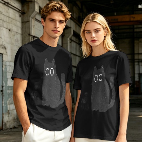 Oversized Olive T-Shirt With Cute Black Cat Graphic Print