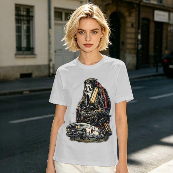 Olive T-shirt with Ghostface driving a Ghostbusters-style car graphic